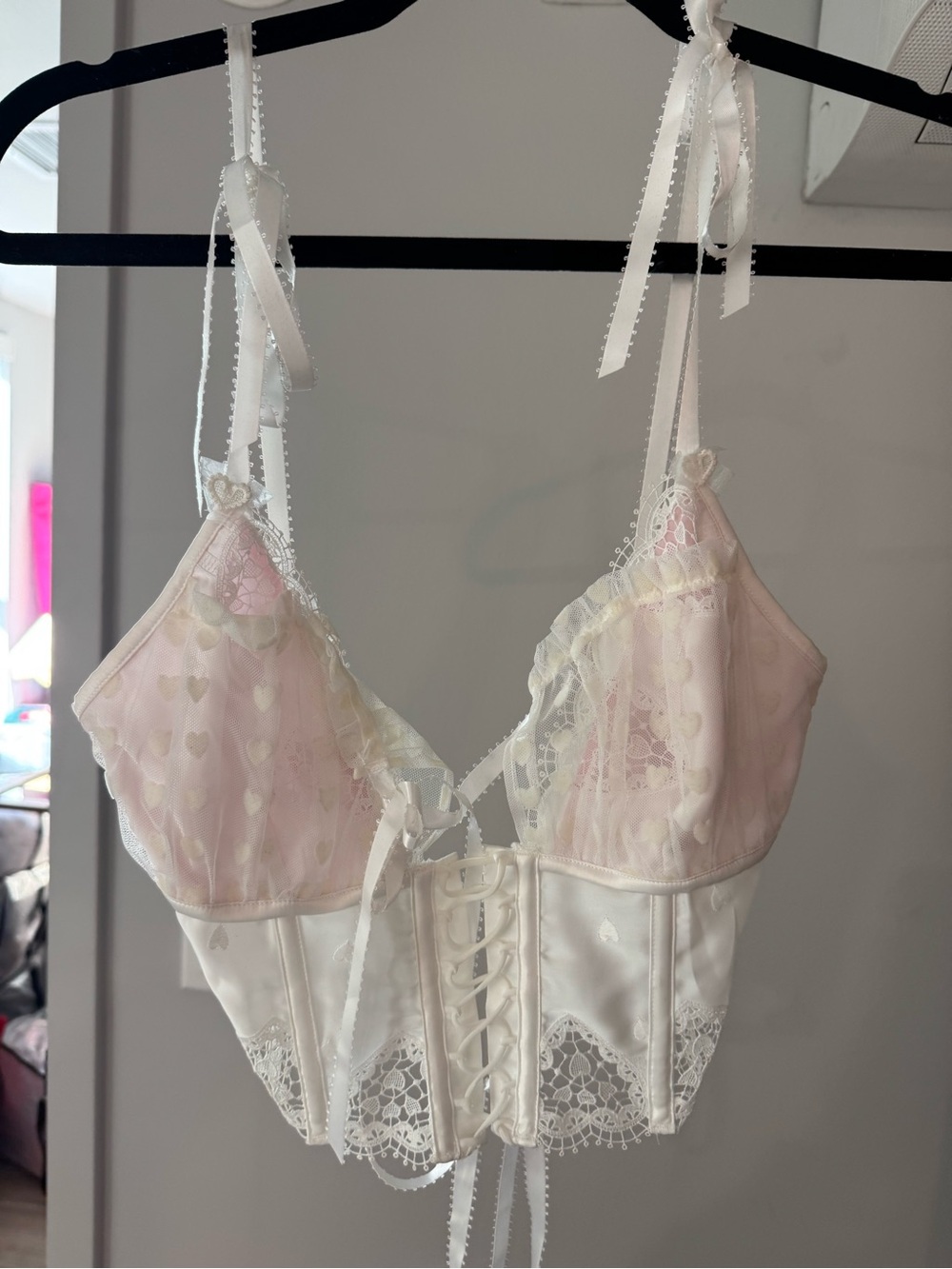 For Love and Lemons Lace Satin Bustier Bra - White & Light Pink